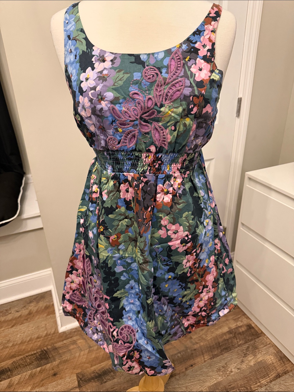 Lulumari Navy Floral Midi Dress With Pink Embroidered Applique
